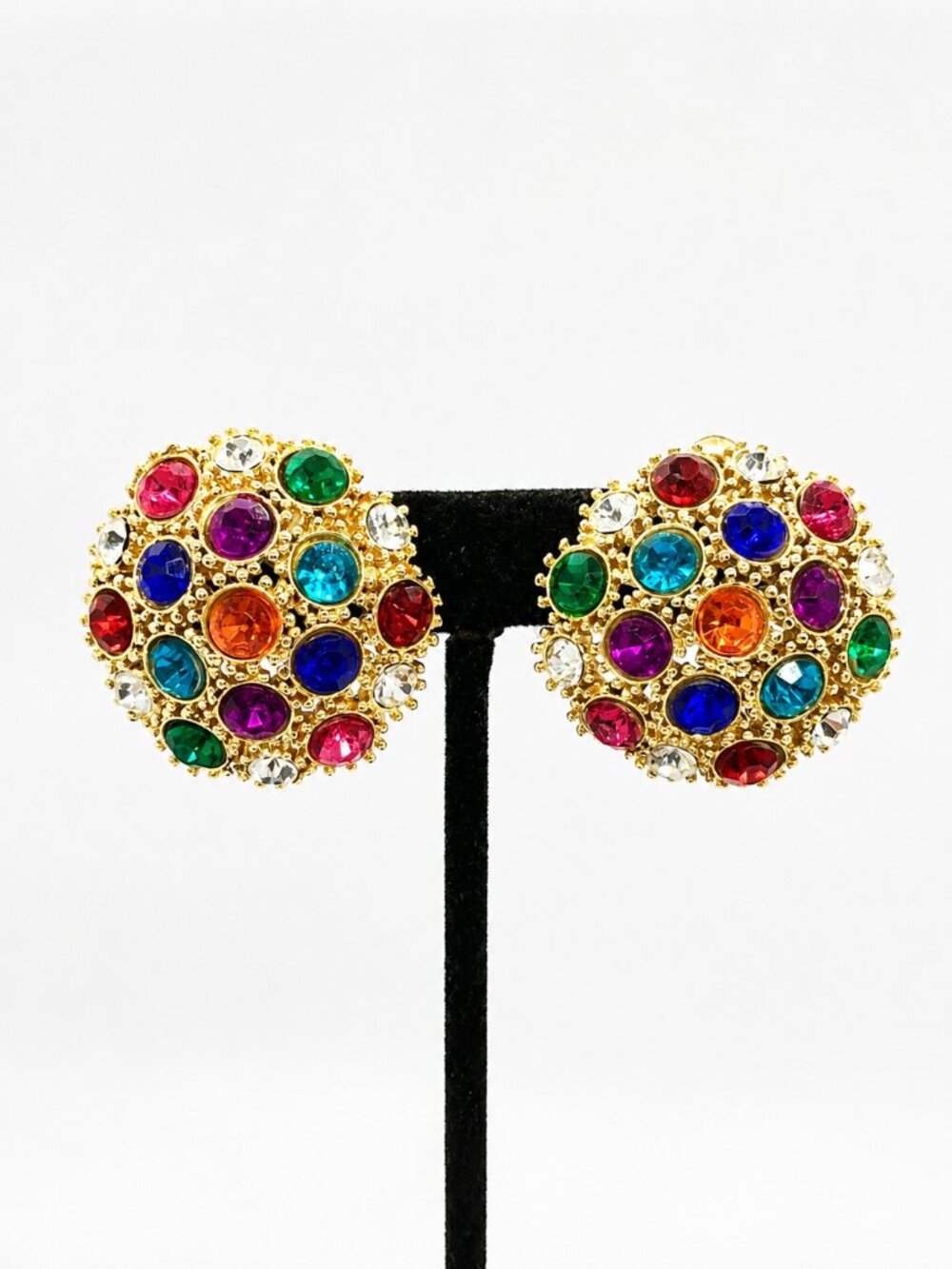 VINTAGE RUNWAY EARRINGS Multicolor Rhinestone Gold Tone Clip On Statement 80s